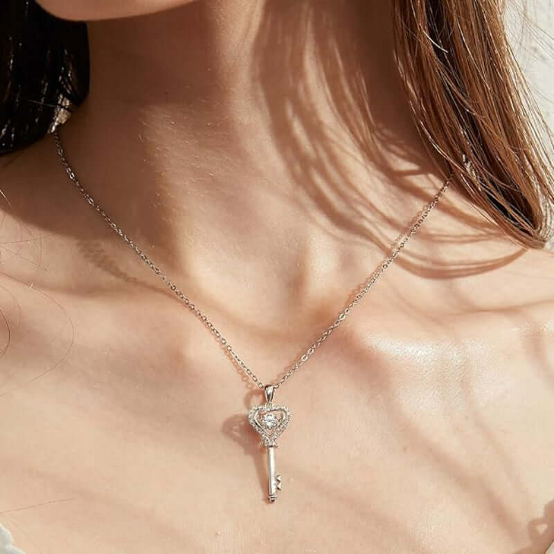 Dancing Moissanite Diamond Key To My Heart Silver Necklace - The Sparkle Place