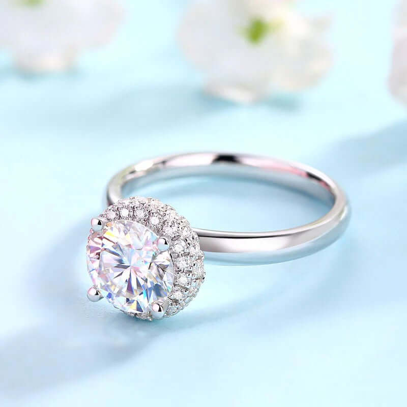 1.5 Carat Moissanite Halo Ring, 925 Solid Sterling Silver - The Sparkle Place