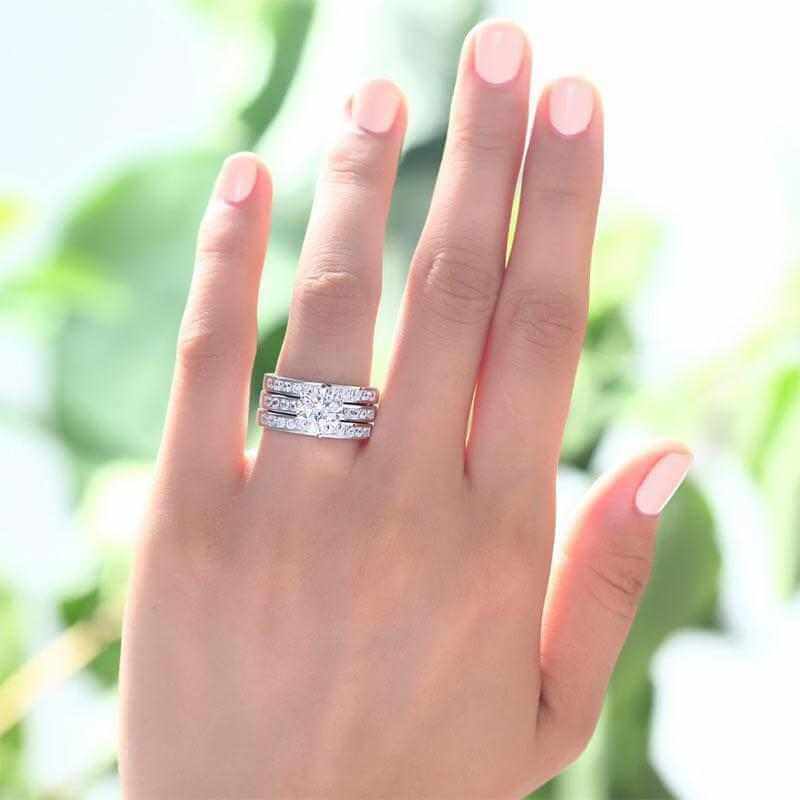 3-in-1 Round Cut Solid Sterling Silver Ring Set - The Sparkle Place