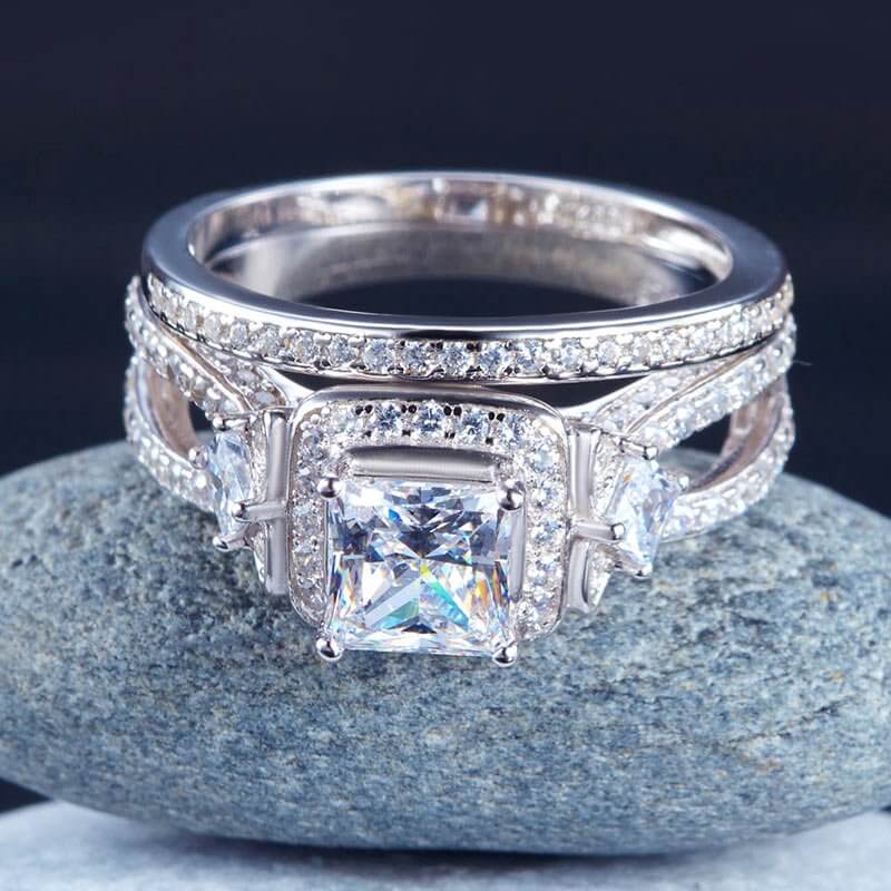 Art Deco Vintage Style Princess 925 Solid Silver Ring Set - The Sparkle Place