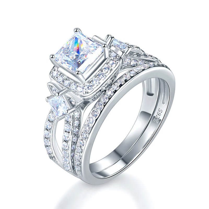 Art Deco Vintage Style Princess 925 Solid Silver Ring Set - The Sparkle Place