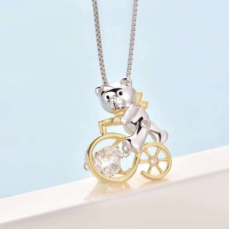 Bear Bicycle Dancing Stone Necklace in 925 Solid Sterling Silver - The Sparkle Place