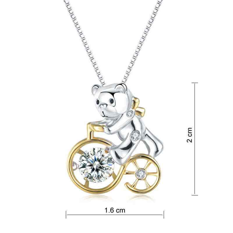 Bear Bicycle Dancing Stone Necklace in 925 Solid Sterling Silver - The Sparkle Place