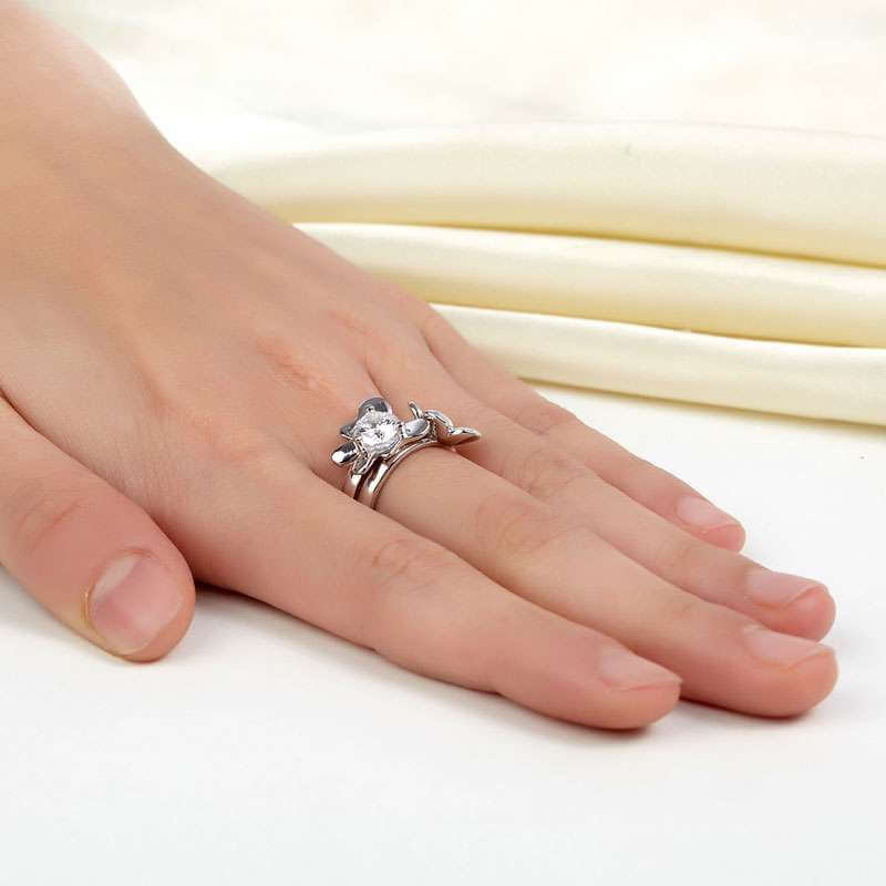 Butterfly Flower Solid Silver Ring Set - The Sparkle Place