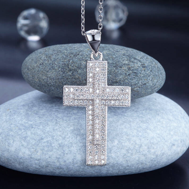 Micro Setting Cross Necklace in Solid Sterling Silver - The Sparkle Place