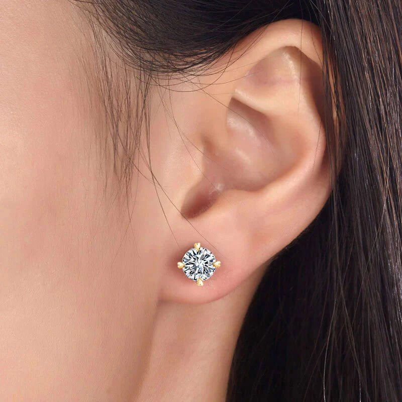 Moissanite Diamond Heart Claws Stud Earrings in Gold over 925 Solid Sterling Silver - The Sparkle Place