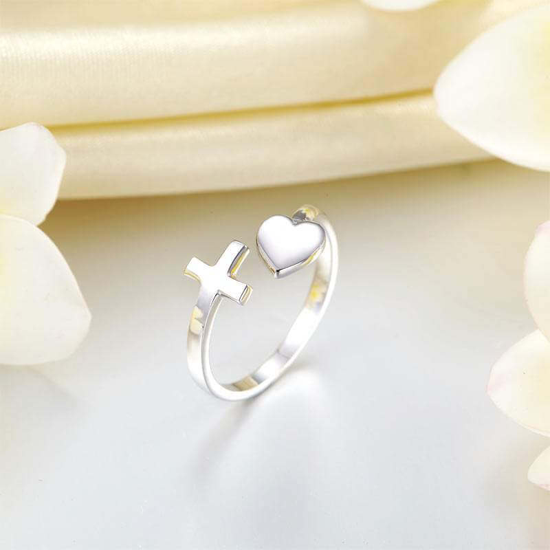 Trendy Cross Heart Ring Solid 925 Sterling Silver - The Sparkle Place