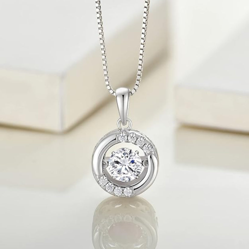 Silver Necklace with clear diamonds on a light background
