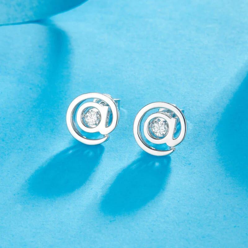 Dancing Moissanite Diamond '@' solid silver stud earrings - The Sparkle Place