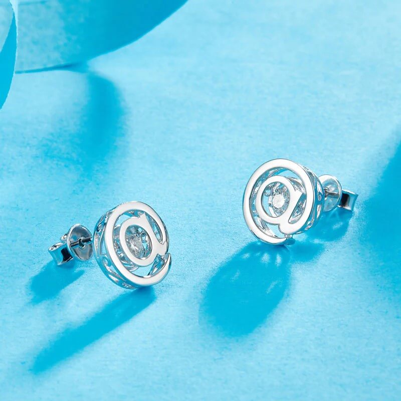 Dancing Moissanite Diamond '@' solid silver stud earrings - The Sparkle Place