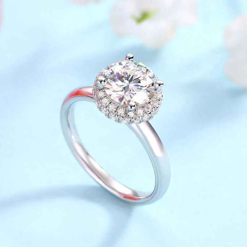 1.5 Carat Moissanite Halo Ring, 925 Solid Sterling Silver - The Sparkle Place