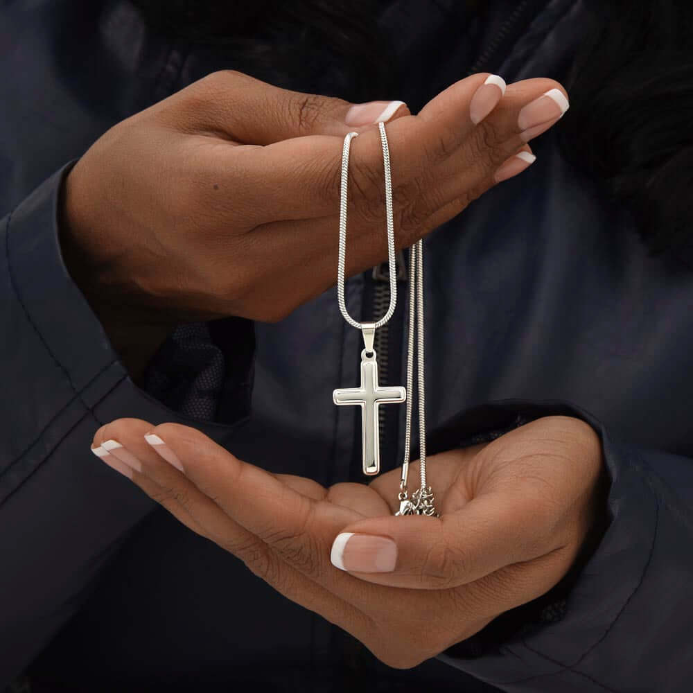 Artisan Crafted Cross Necklace 14K White Gold Finish