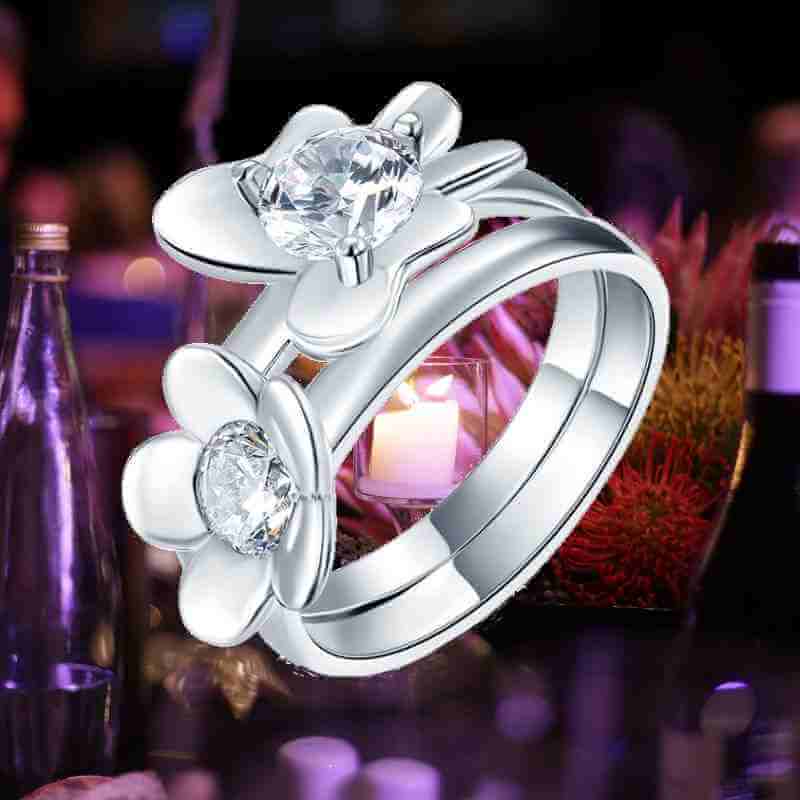 Butterfly Flower Solid Silver Ring Set - The Sparkle Place