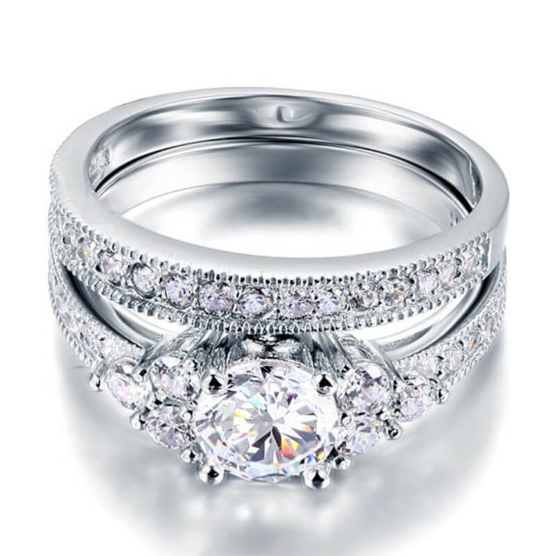 Art Deco 2-in-1 Solid 925 Sterling Silver Ring Set - The Sparkle Place