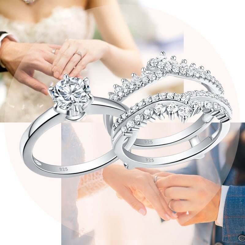 Solid 925 Sterling Silver Wedding 3 Ring Set
