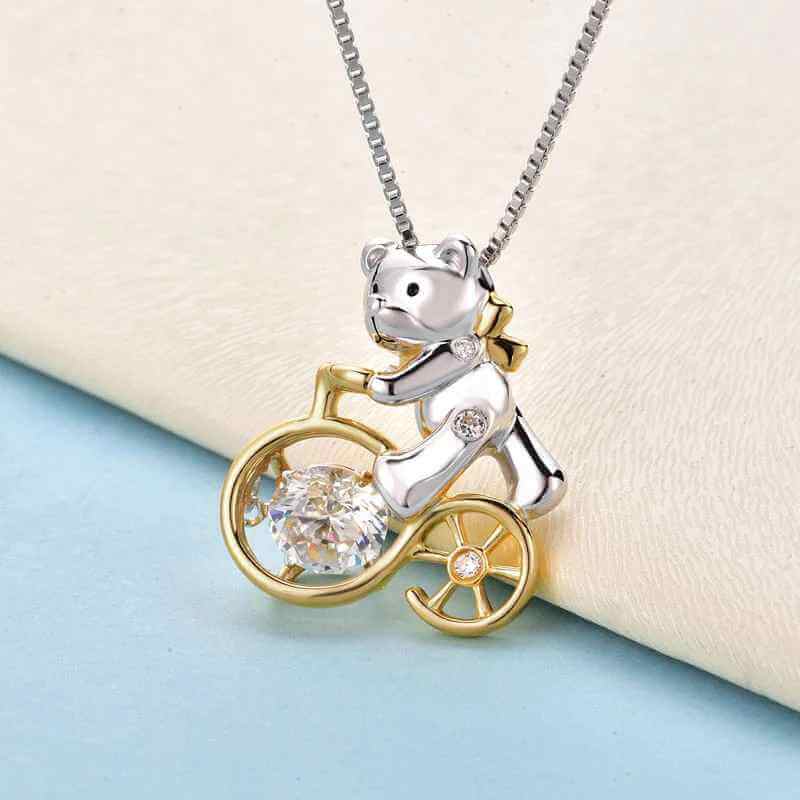Bear Bicycle Dancing Stone Necklace in 925 Solid Sterling Silver - The Sparkle Place
