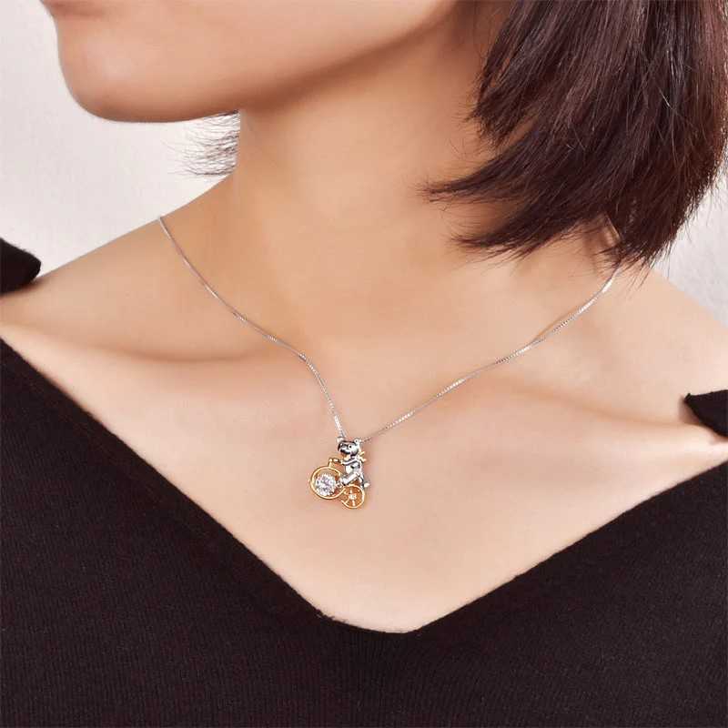 Bear Bicycle Dancing Stone Necklace in 925 Solid Sterling Silver - The Sparkle Place