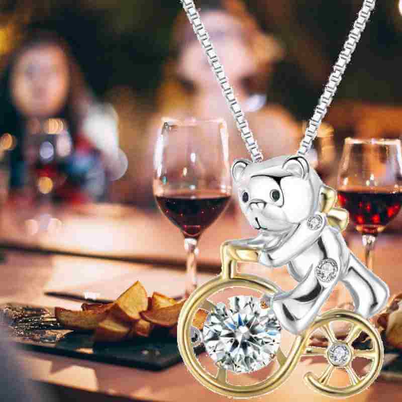 Bear on a Bike Ride Dancing Stone Necklace in 925 Solid Sterling Silver - The Sparkle Place