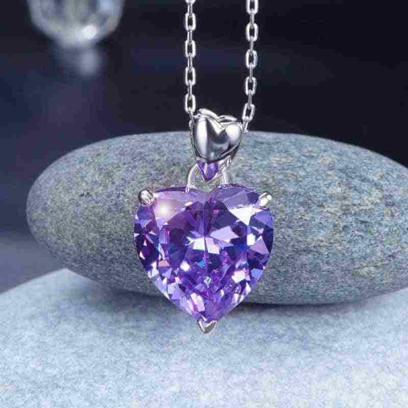 Big Bling Heart Pendant Necklace Solid 925 Sterling Silver Fancy Purple
