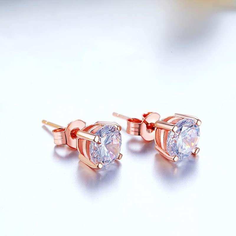 Brilliant Round Solid 925 Sterling Silver Stud Earrings in Rose Gold - The Sparkle Place
