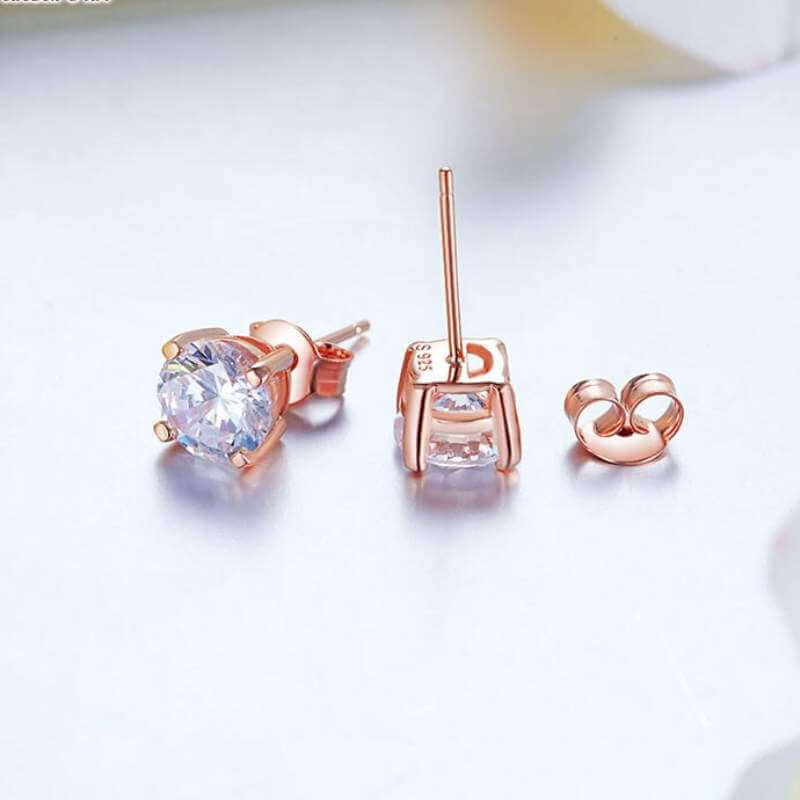 Brilliant Round Solid 925 Sterling Silver Stud Earrings in Rose Gold - The Sparkle Place