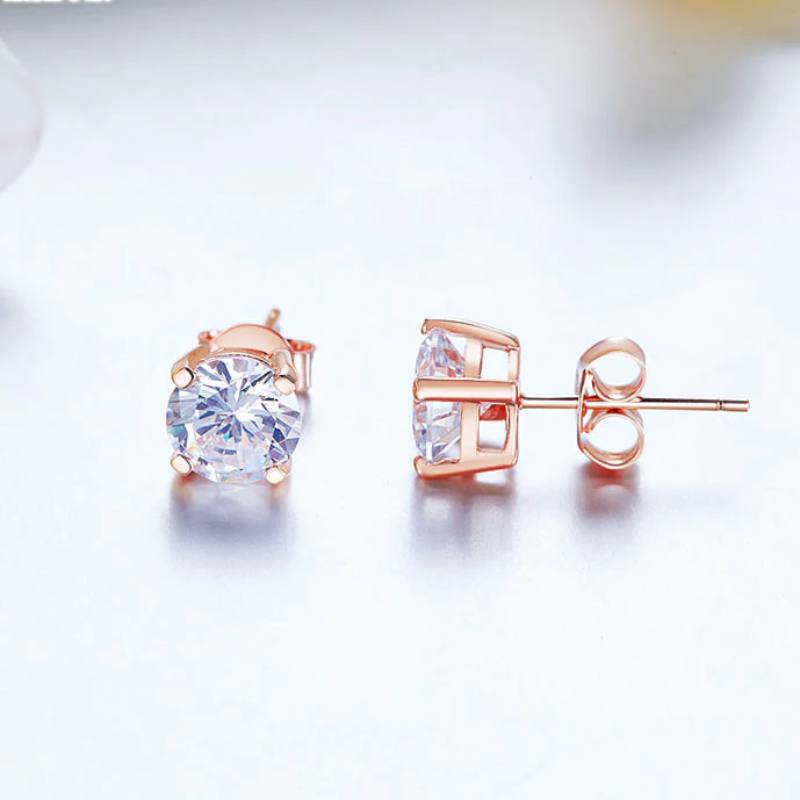 Brilliant Round Solid 925 Sterling Silver Stud Earrings in Rose Gold - The Sparkle Place