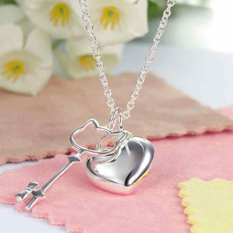 Child Solid 925 Sterling Silver Heart Key Necklace - The Sparkle Place