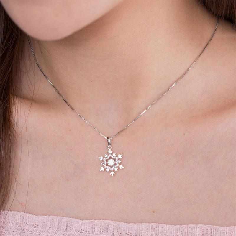 CLASSIC DANCING STONE SNOWFLAKE SOLID 925 STERLING SILVER NECKLACE - The Sparkle Place
