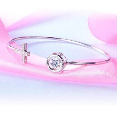 Dancing Stone Cross Solid Silver Bangle - The Sparkle Place