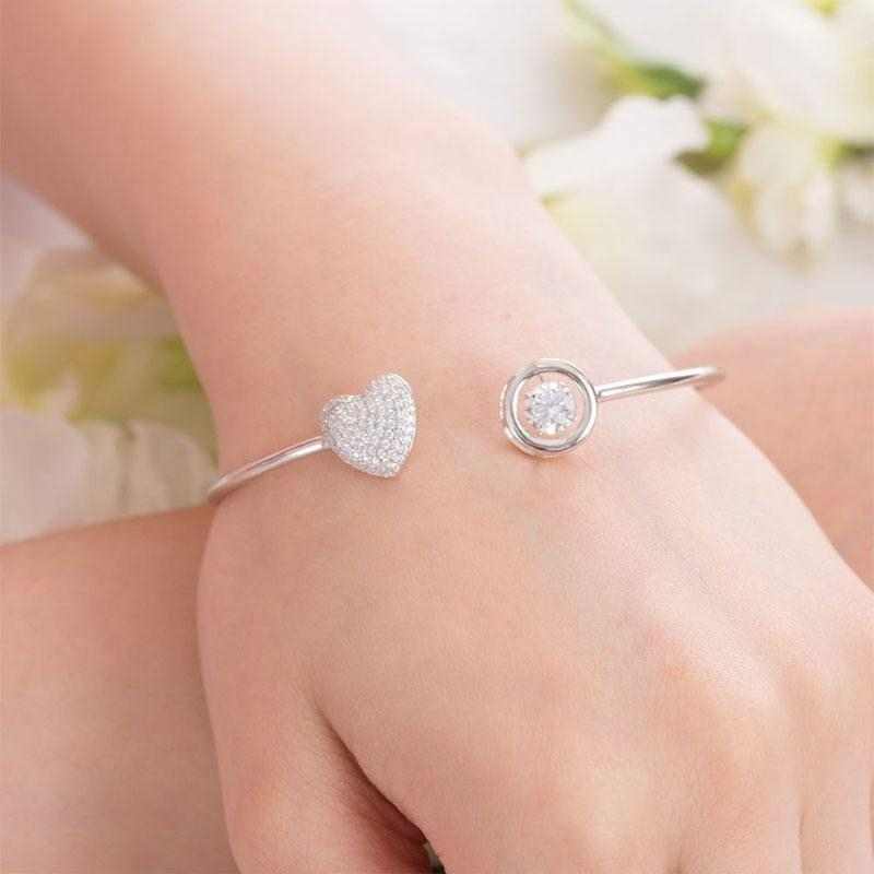 Dancing Stone Diamante Solid Silver Heart Bangle - The Sparkle Place