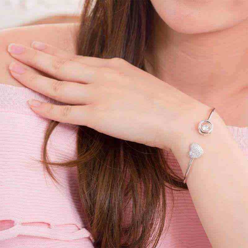 Dancing Stone Diamante Solid Silver Heart Bangle - The Sparkle Place