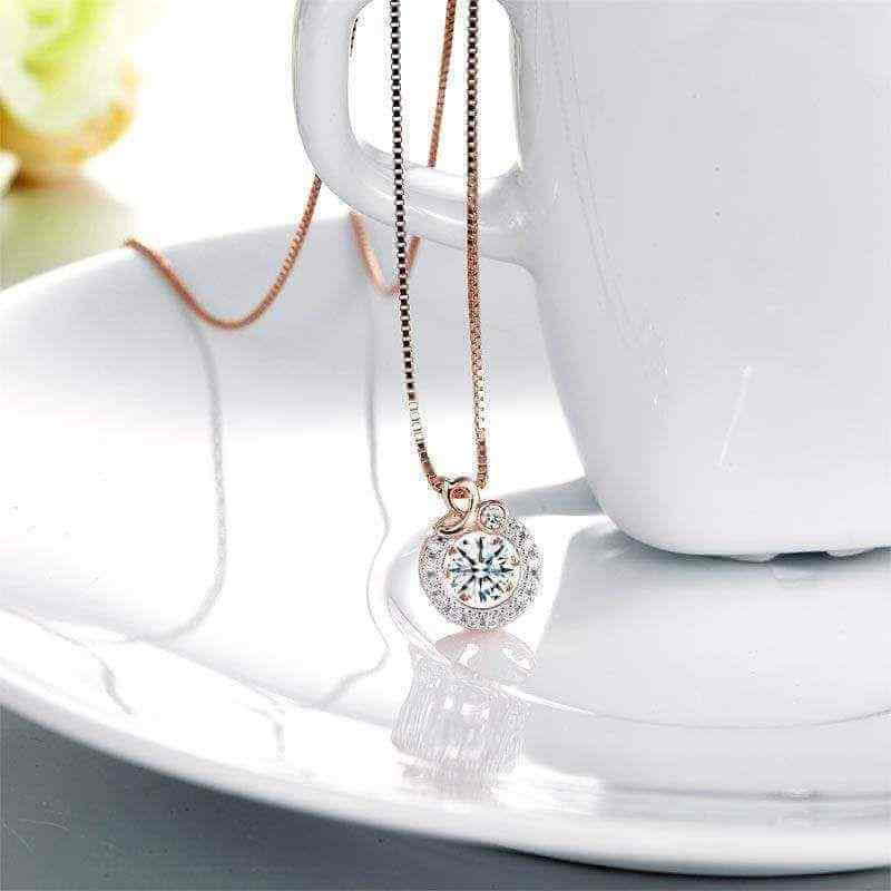 Dancing Stone Halo Necklace Solid 925 Sterling Silver in Rose Gold - The Sparkle Place