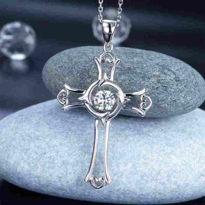 Dancing Stone Heart Cross Solid 925 Sterling Silver Necklace - The Sparkle Place