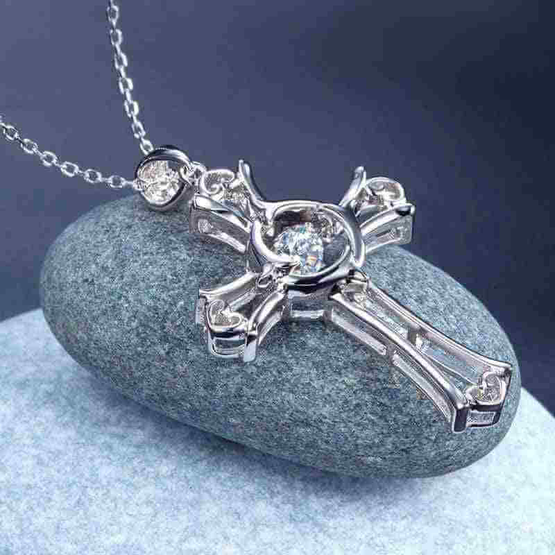 Dancing Stone Heart Cross Solid 925 Sterling Silver Necklace - The Sparkle Place