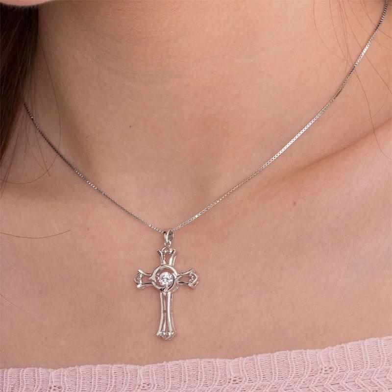 Dancing Stone Heart Cross Solid 925 Sterling Silver Necklace - The Sparkle Place