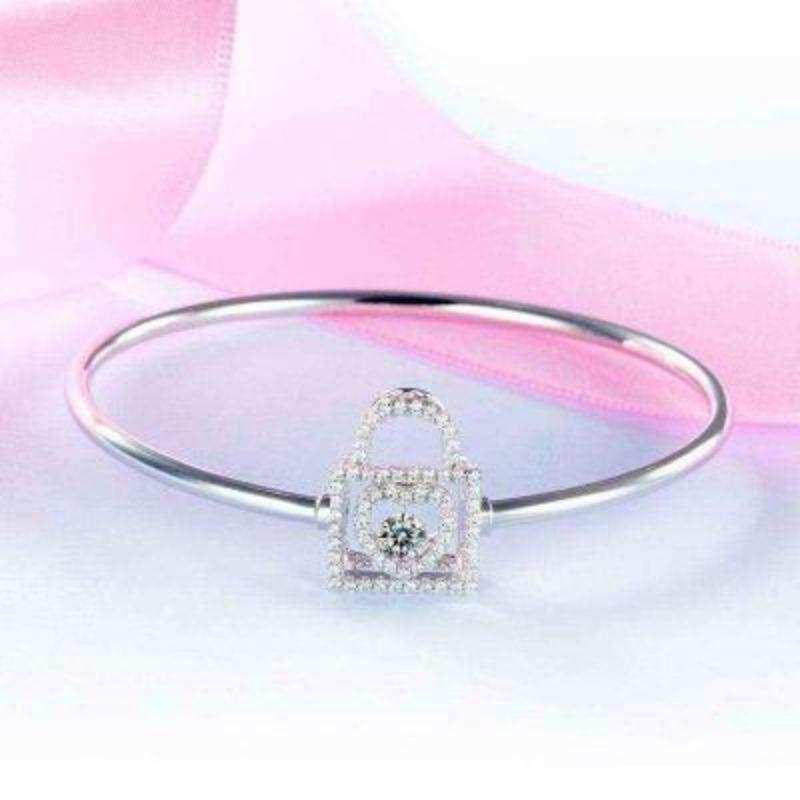 Dancing Stone Heart Lock Solid Silver Bangle - The Sparkle Place