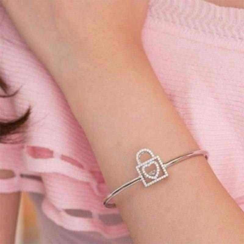 Dancing Stone Heart Lock Solid Silver Bangle - The Sparkle Place
