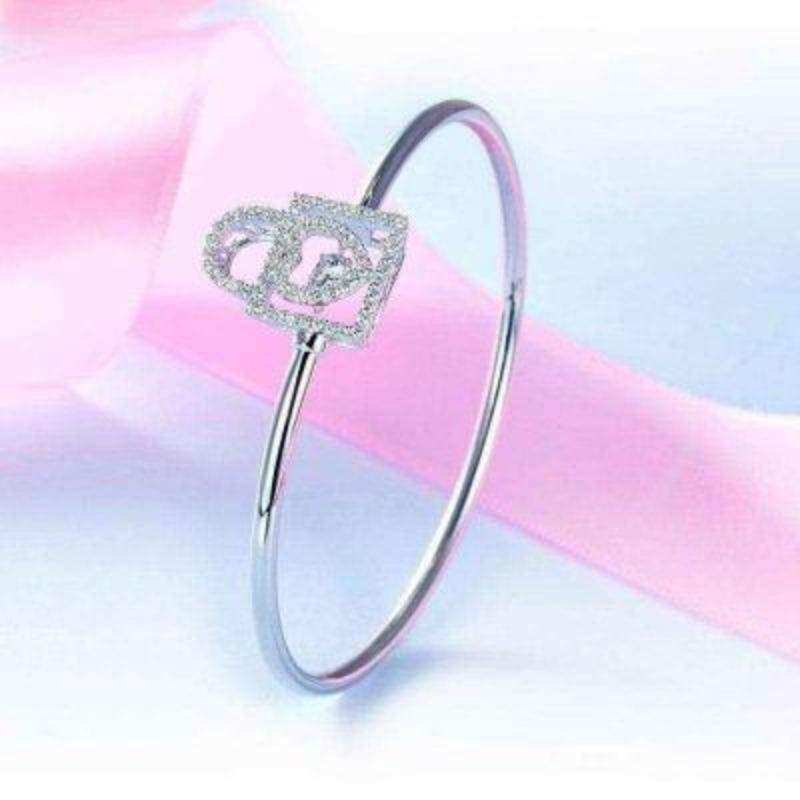Dancing Stone Heart Lock Solid Silver Bangle - The Sparkle Place