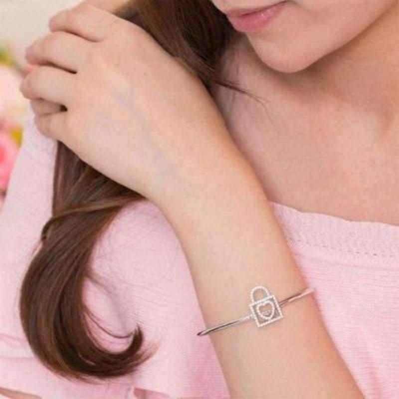 Dancing Stone Heart Lock Solid Silver Bangle - The Sparkle Place