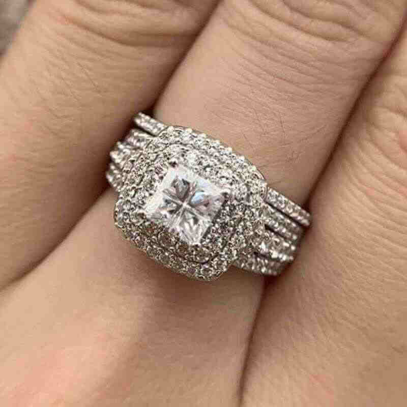 Elegant 925 Silver Halo Wedding 2 Ring Set Cross Cut - The Sparkle Place