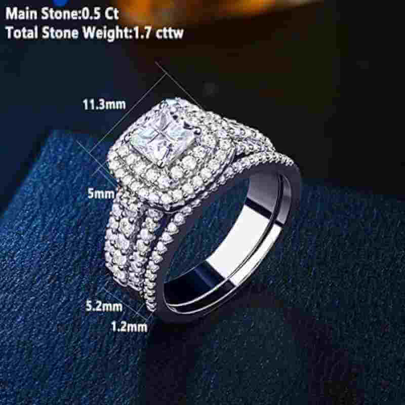 Elegant 925 Silver Halo Wedding 2 Ring Set Cross Cut - The Sparkle Place