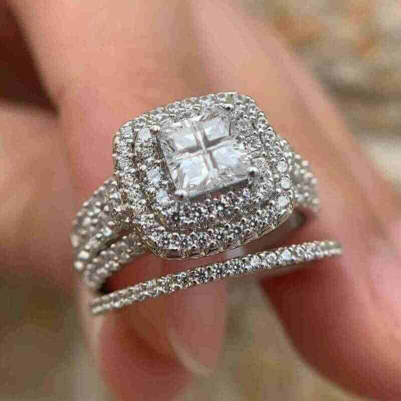 Elegant 925 Silver Halo Wedding 2 Ring Set Cross Cut - The Sparkle Place