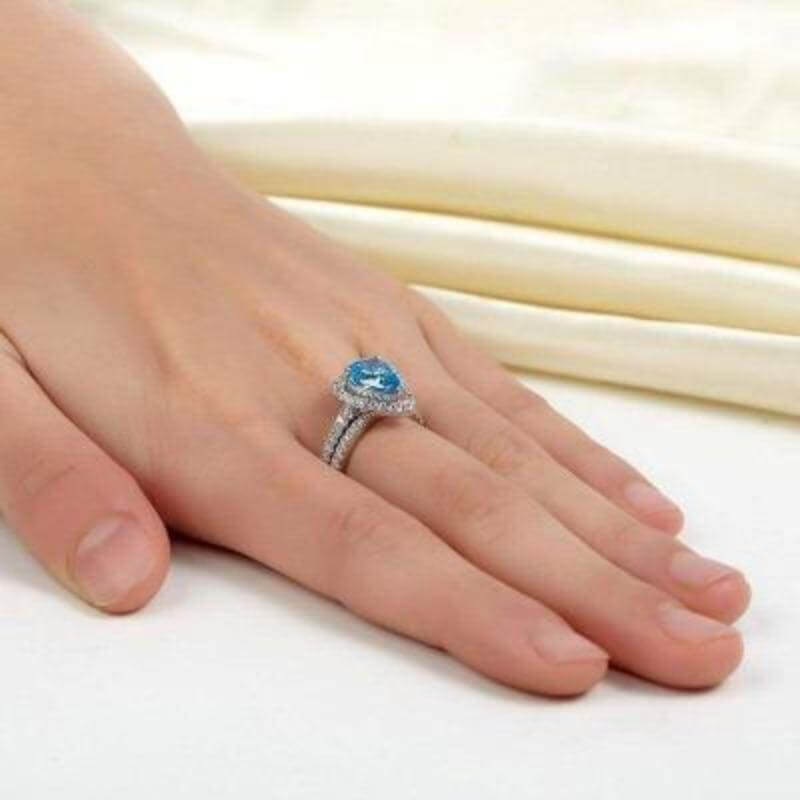 Fancy Blue Pear 2-in-1 925 Silver Ring Set - The Sparkle Place