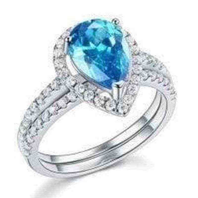 Fancy Blue Pear 2-in-1 925 Silver Ring Set - The Sparkle Place