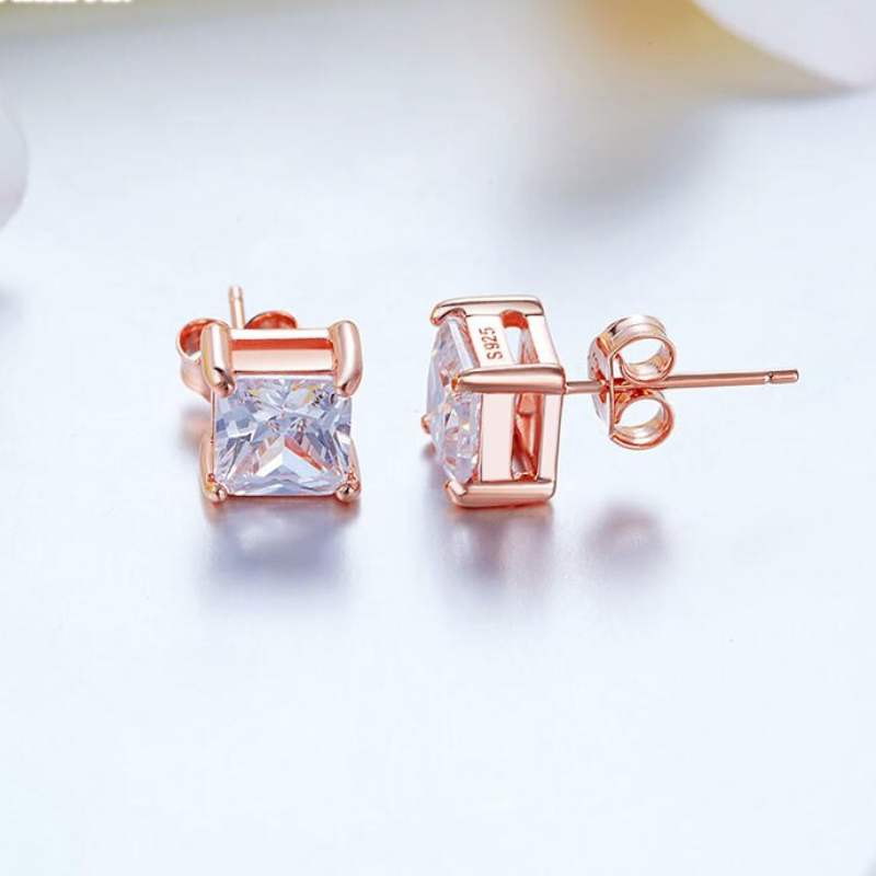 Princess Solid 925 Sterling Silver Stud Earrings in Rose Gold - The Sparkle Place