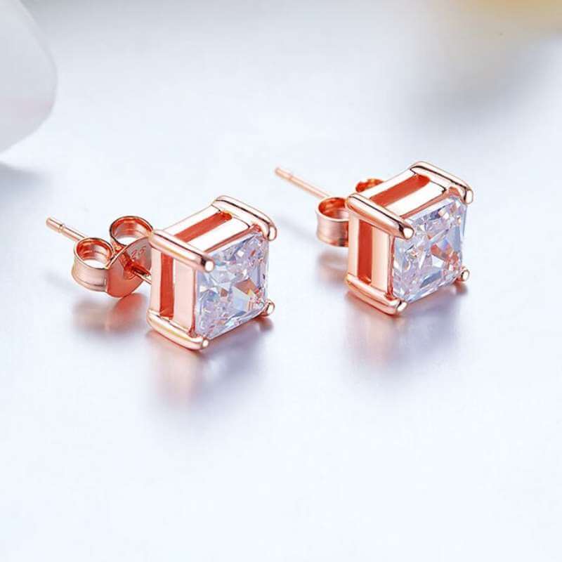 Princess Solid 925 Sterling Silver Stud Earrings in Rose Gold - The Sparkle Place