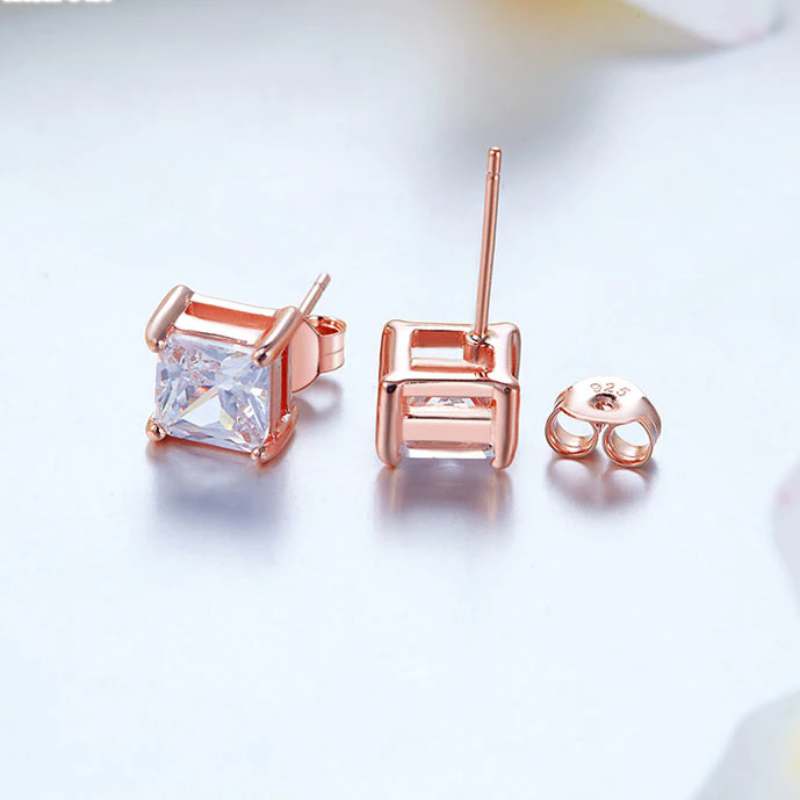 Princess Solid 925 Sterling Silver Stud Earrings in Rose Gold - The Sparkle Place