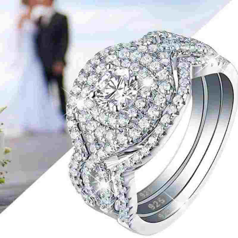 Solid 925 Sterling Silver Wedding 3 Ring Set - The Sparkle Place