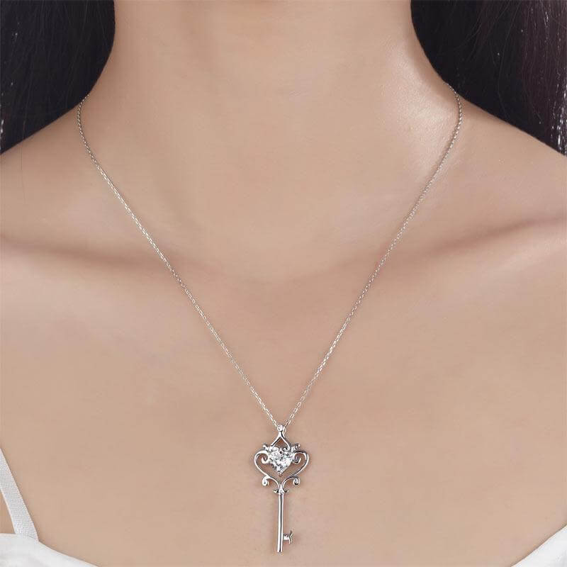 Vintage Style Love Heart Key Solid 925 Sterling Silver Necklace - The Sparkle Place